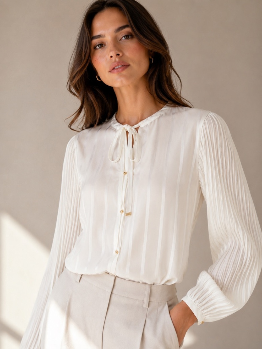 Zara Sheer Stripe Pleated Sleeve Tie Neck Blouse NWT XS